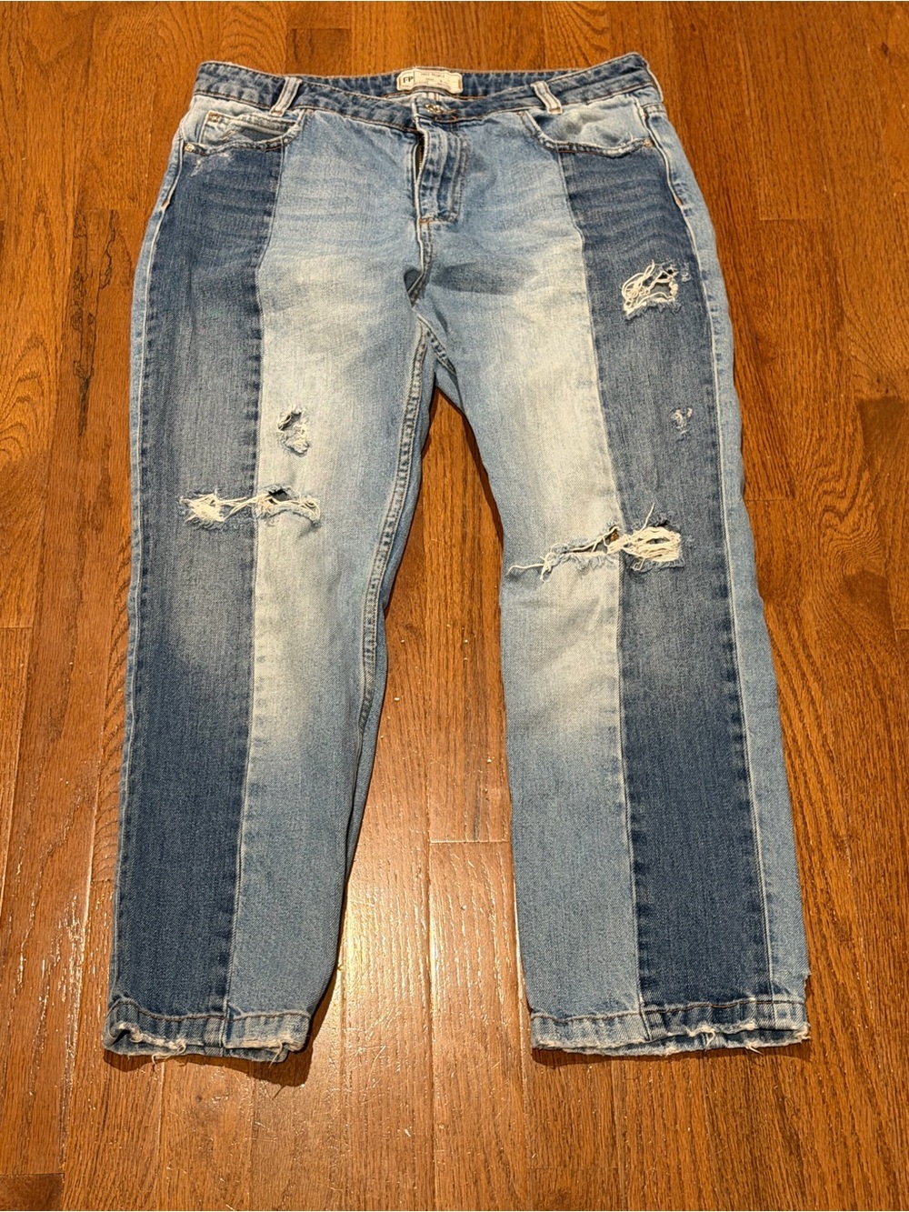 Free People Two-Tone Light & Dark Blue Straight-Leg Jeans